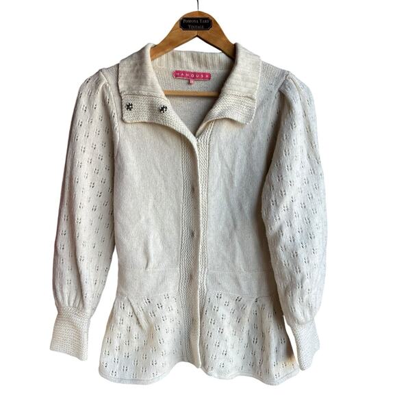 Manoush Cream Knit Cardigan Sweater SMALL Long Sleeve Lambswool Cashmere Angora - Picture 1 of 8